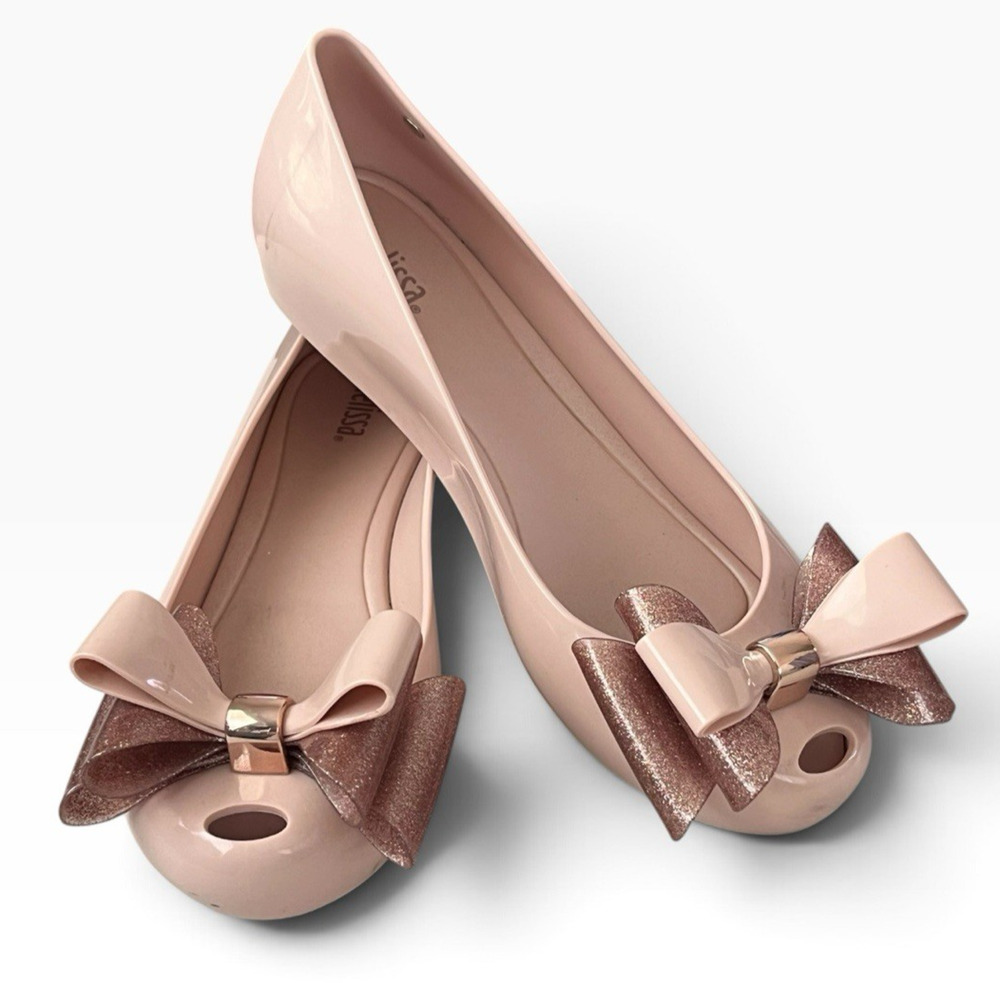 Melissa UltraGirl Sweet XIV Slip On Sz 8 Rose Gold Scented Flats Bow Like Candy
